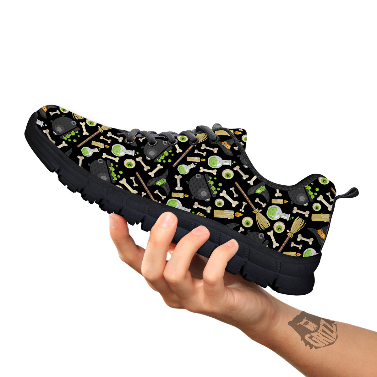 Witch Cauldron Green Print Pattern Black Sneaker-grizzshop