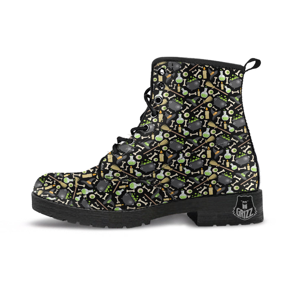 Witch Cauldron Green Print Pattern Leather Boots-grizzshop