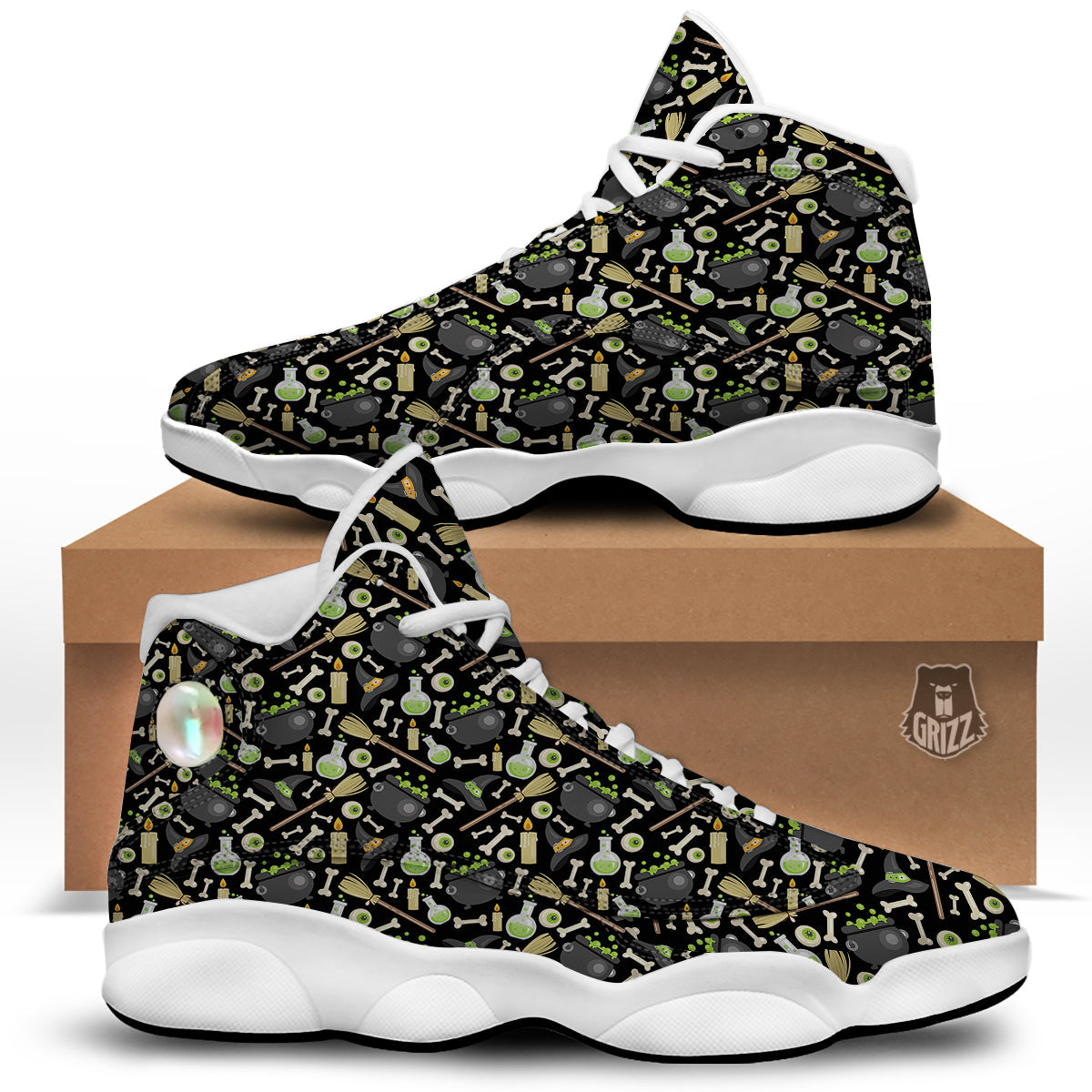 Witch Cauldron Green Print Pattern White Basketball Shoes-grizzshop