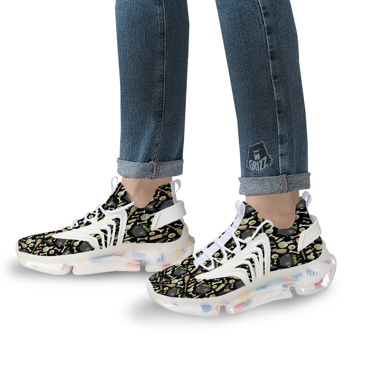 Witch Cauldron Green Print Pattern White Gym Shoes-grizzshop