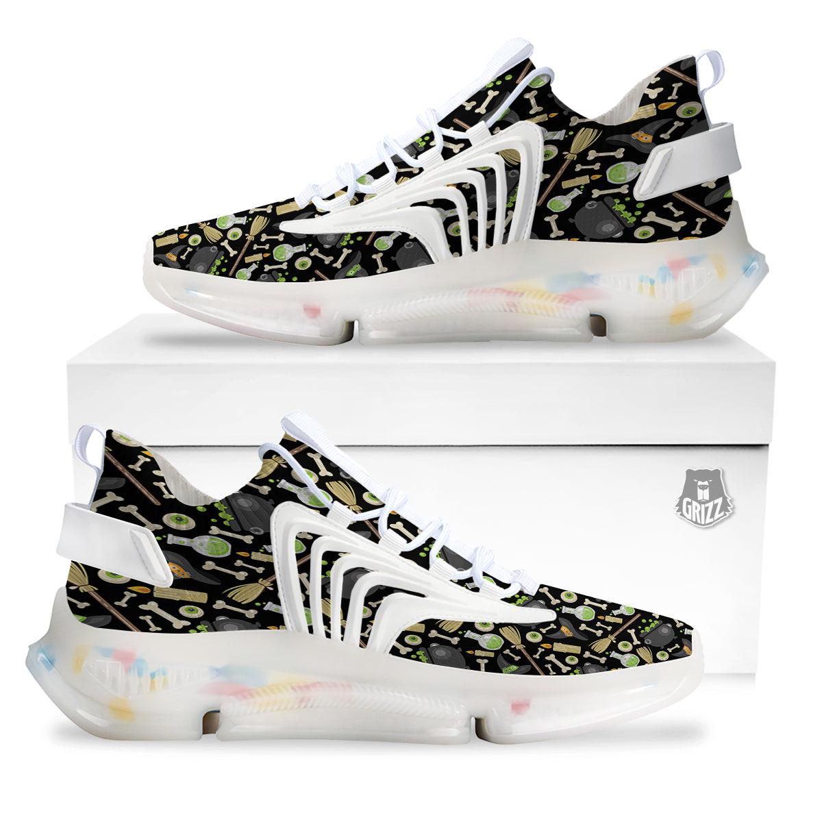 Witch Cauldron Green Print Pattern White Gym Shoes-grizzshop