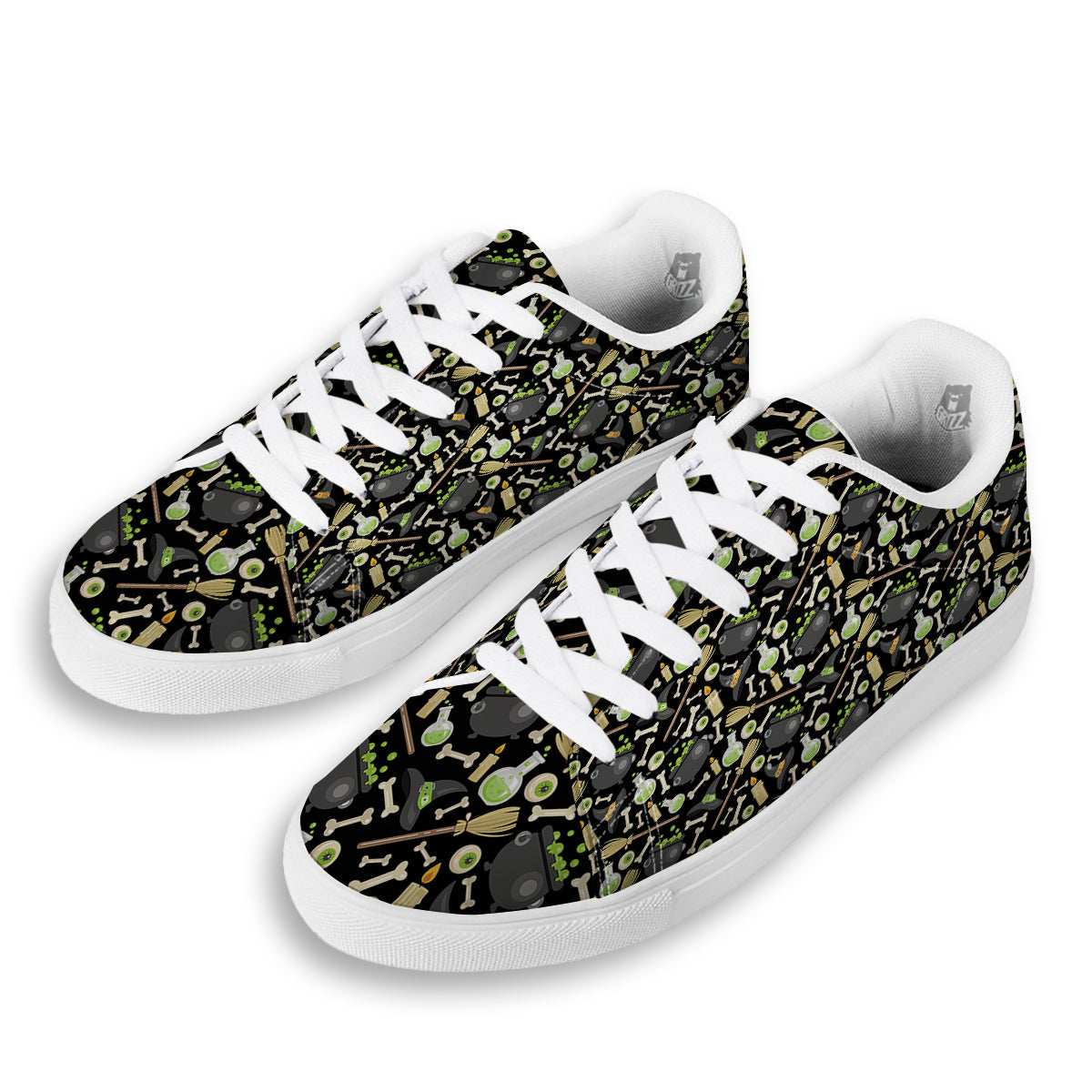 Witch Cauldron Green Print Pattern White Low Top Sneakers-grizzshop