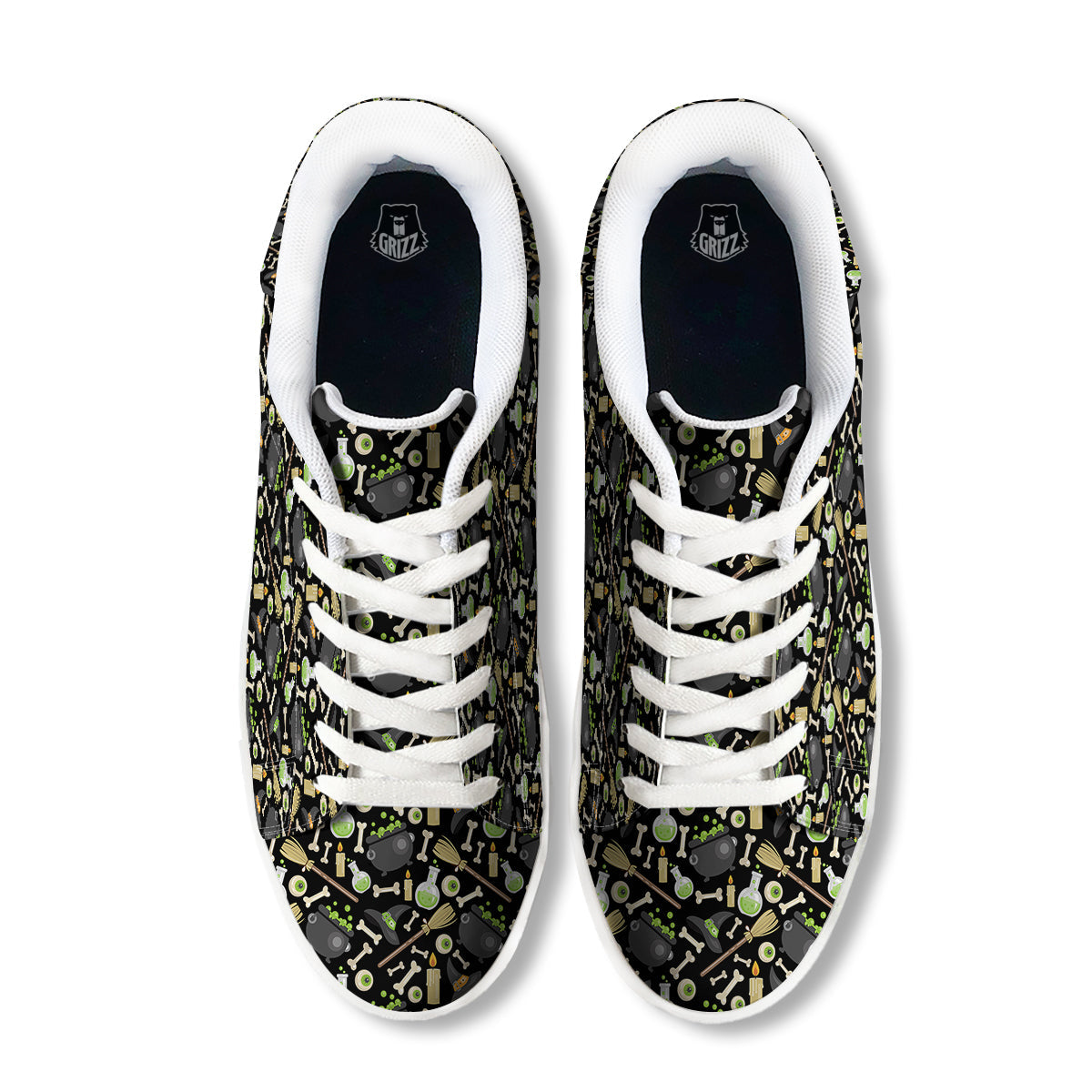 Witch Cauldron Green Print Pattern White Low Top Sneakers-grizzshop