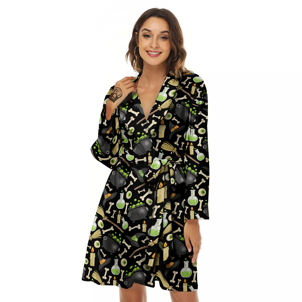 Witch Cauldron Green Print Pattern Women's Robe-grizzshop