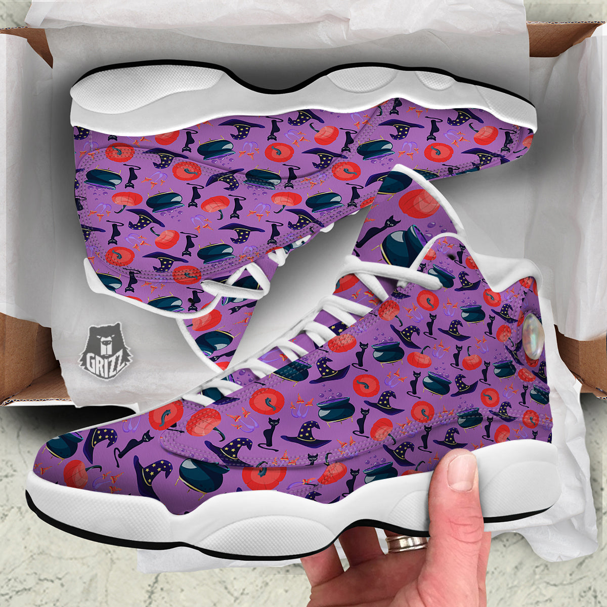 Witch Cauldron Halloween Print Pattern White Basketball Shoes-grizzshop