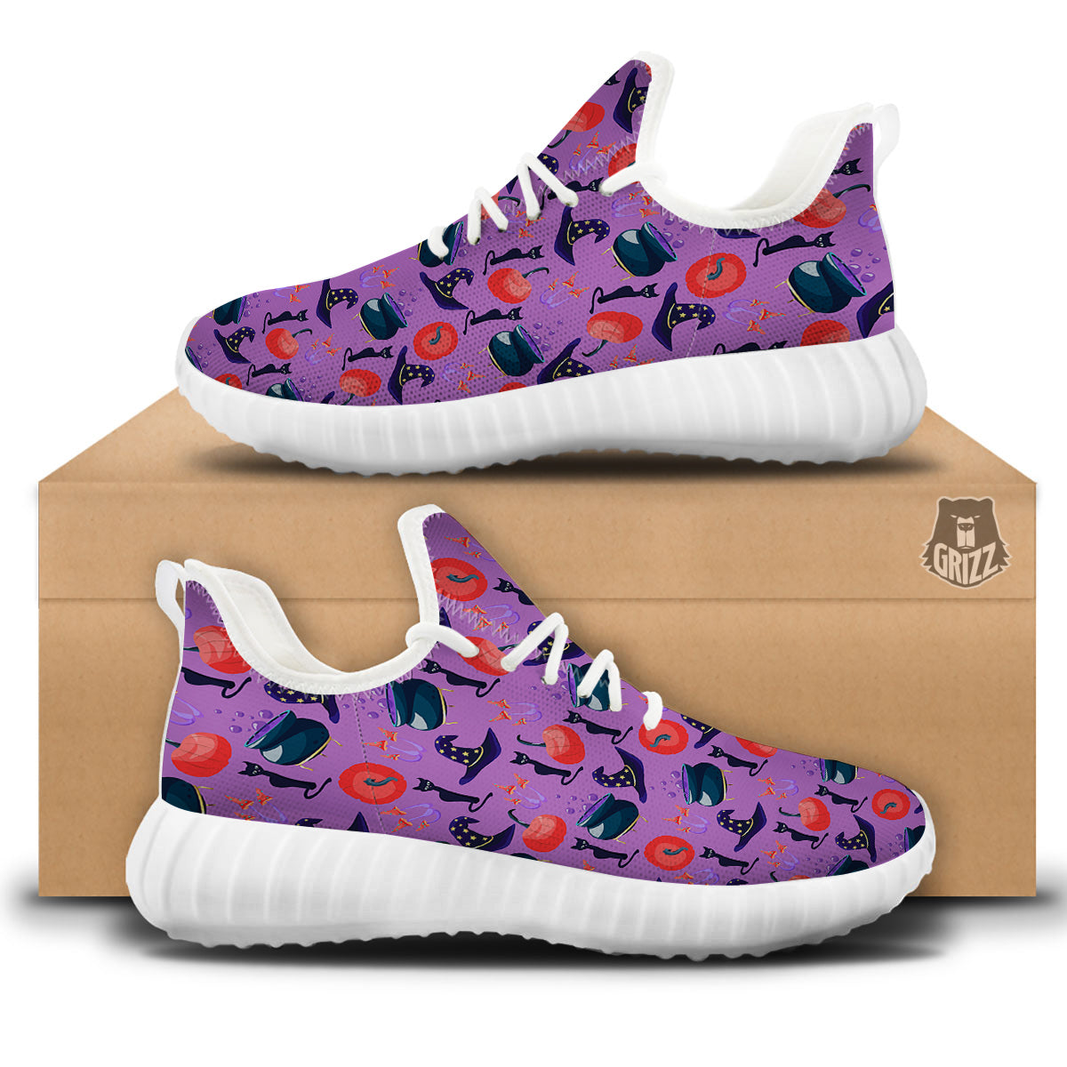 Witch Cauldron Halloween Print Pattern White Walking Shoes-grizzshop