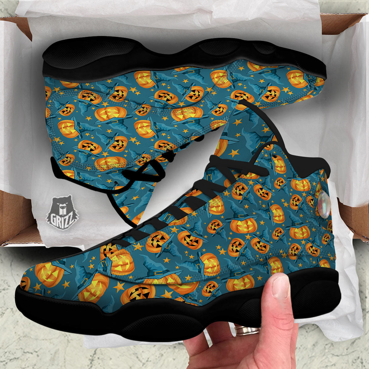 Witch Hat Pumpkin Print Pattern Black Basketball Shoes-grizzshop