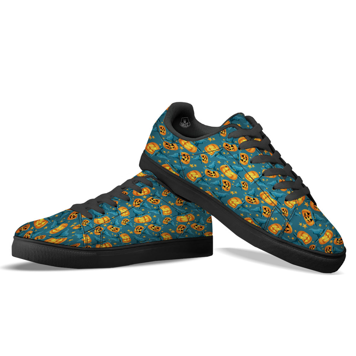 Witch Hat Pumpkin Print Pattern Black Low Top Sneakers-grizzshop