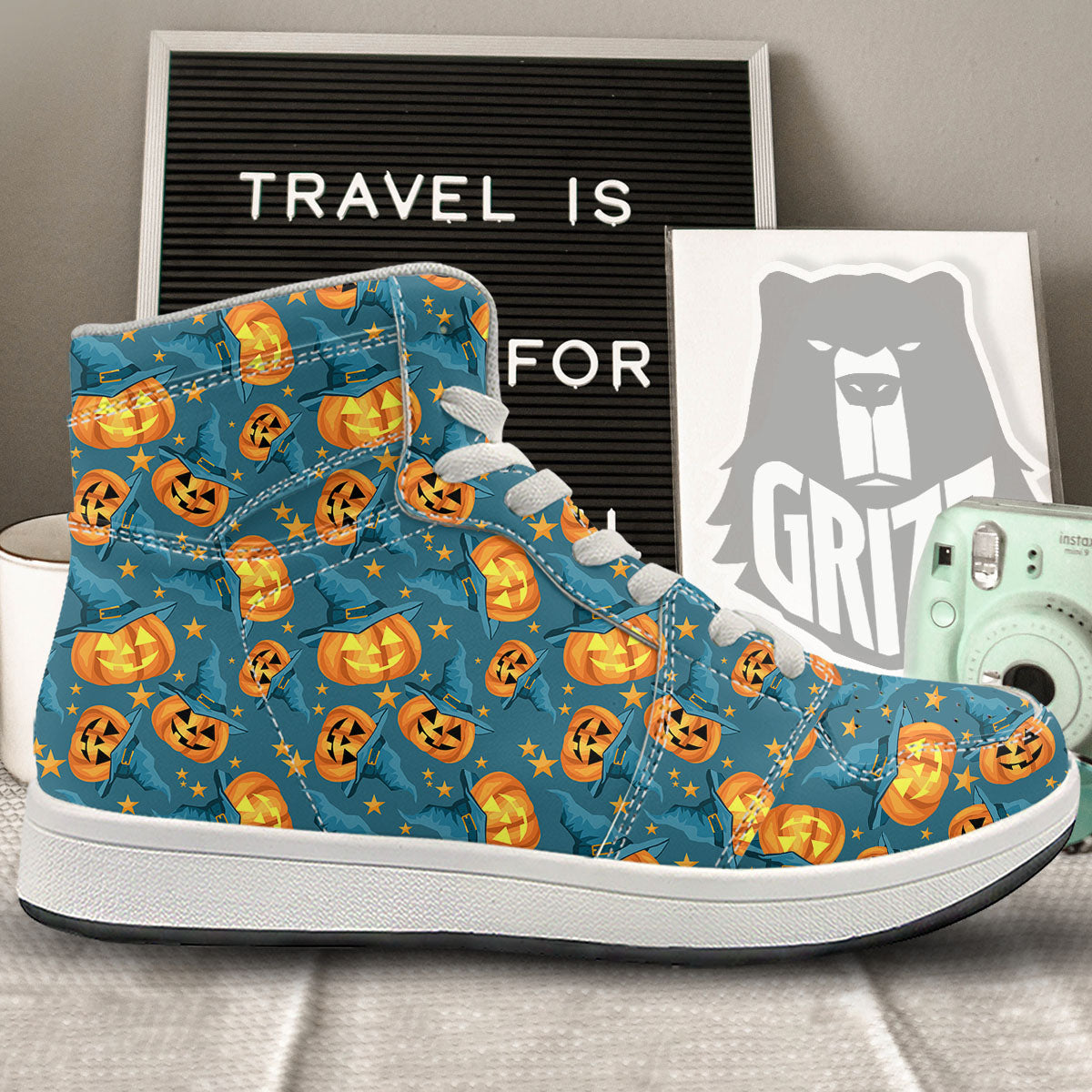 Witch Hat Pumpkin Print Pattern High Top Sneakers-grizzshop