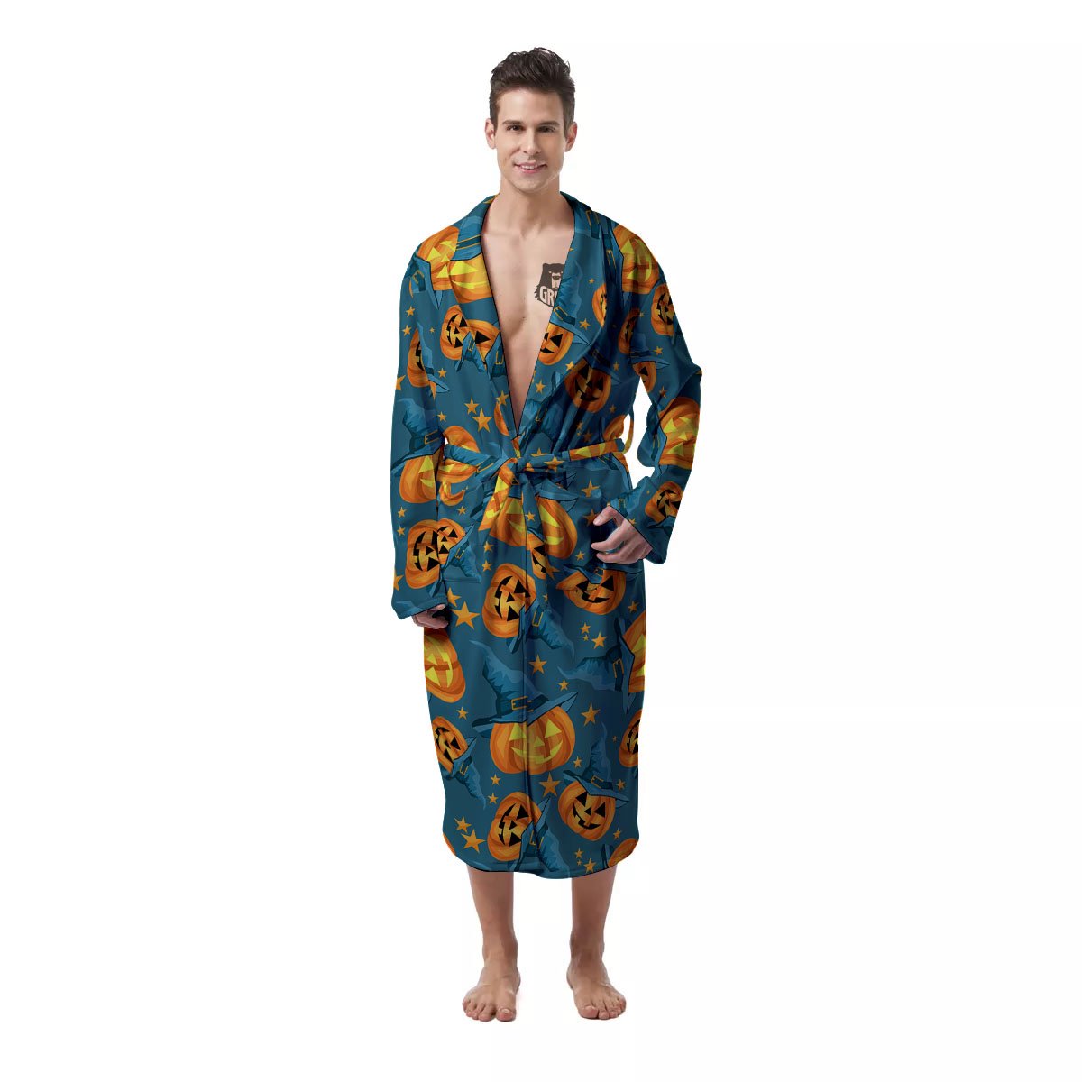 Witch Hat Pumpkin Print Pattern Men's Robe-grizzshop