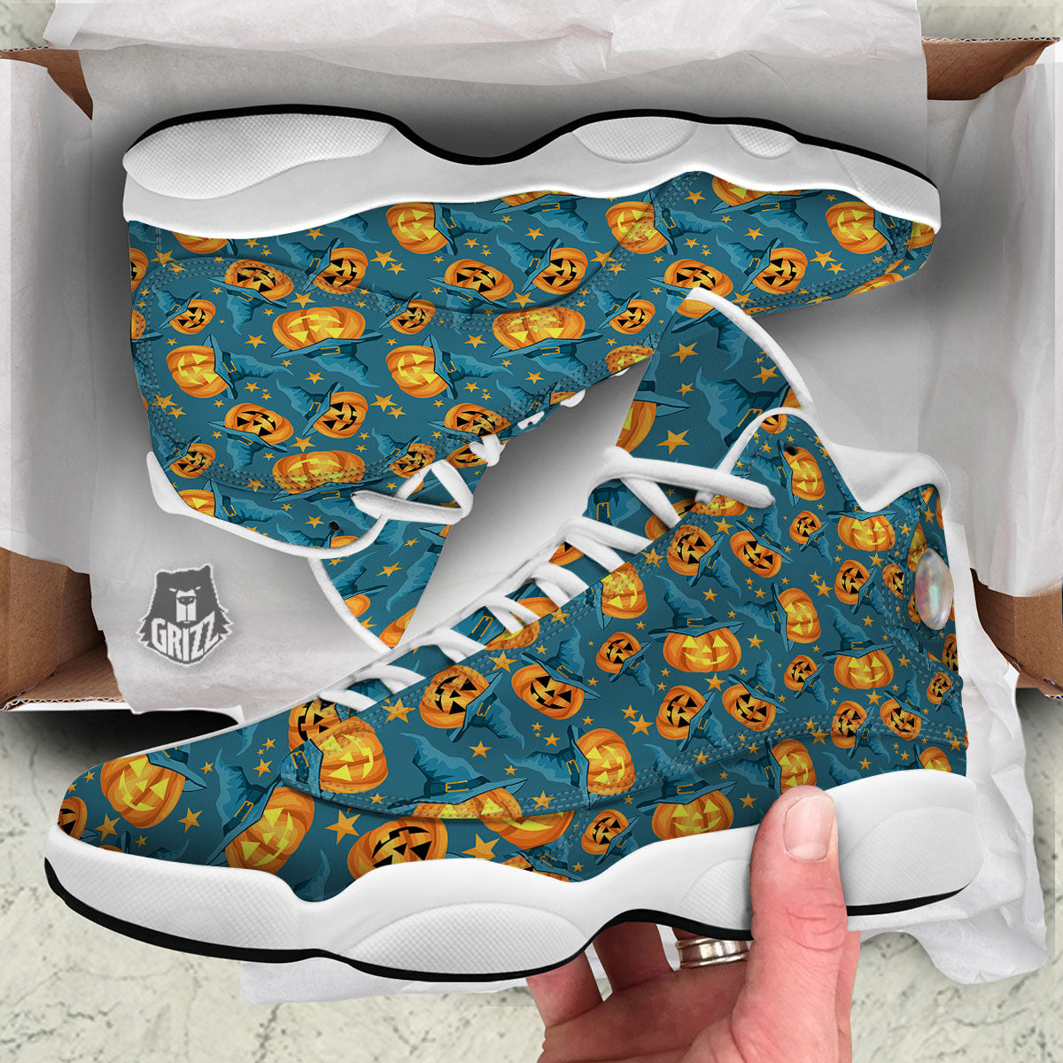 Witch Hat Pumpkin Print Pattern White Basketball Shoes-grizzshop