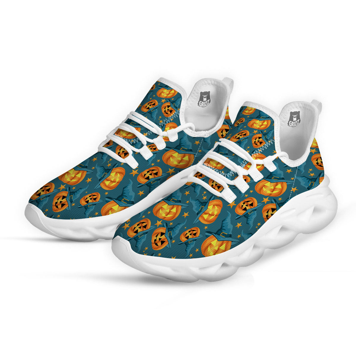Witch Hat Pumpkin Print Pattern White Running Shoes-grizzshop