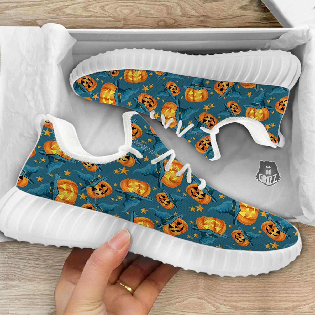 Witch Hat Pumpkin Print Pattern White Walking Shoes-grizzshop