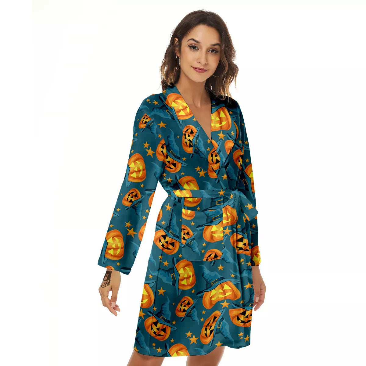 Witch Hat Pumpkin Print Pattern Women's Robe-grizzshop
