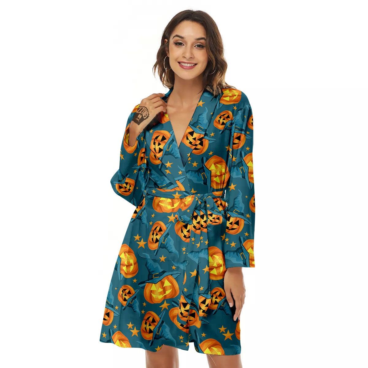 Witch Hat Pumpkin Print Pattern Women's Robe-grizzshop