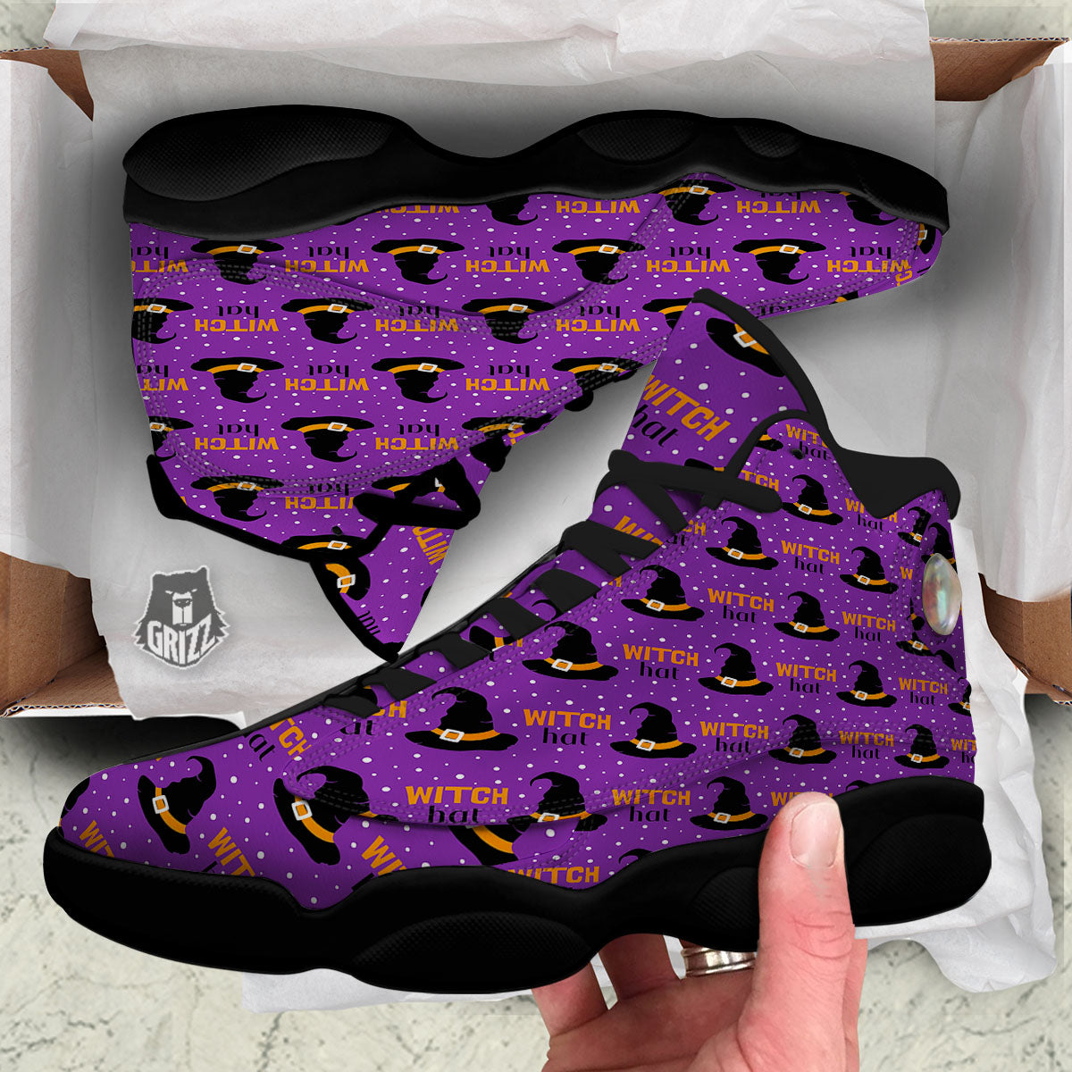 Witch Hat Purple Halloween Print Pattern Black Basketball Shoes-grizzshop