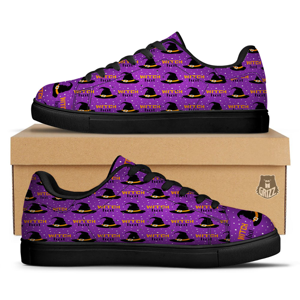Witch Hat Purple Halloween Print Pattern Black Low Top Sneakers-grizzshop