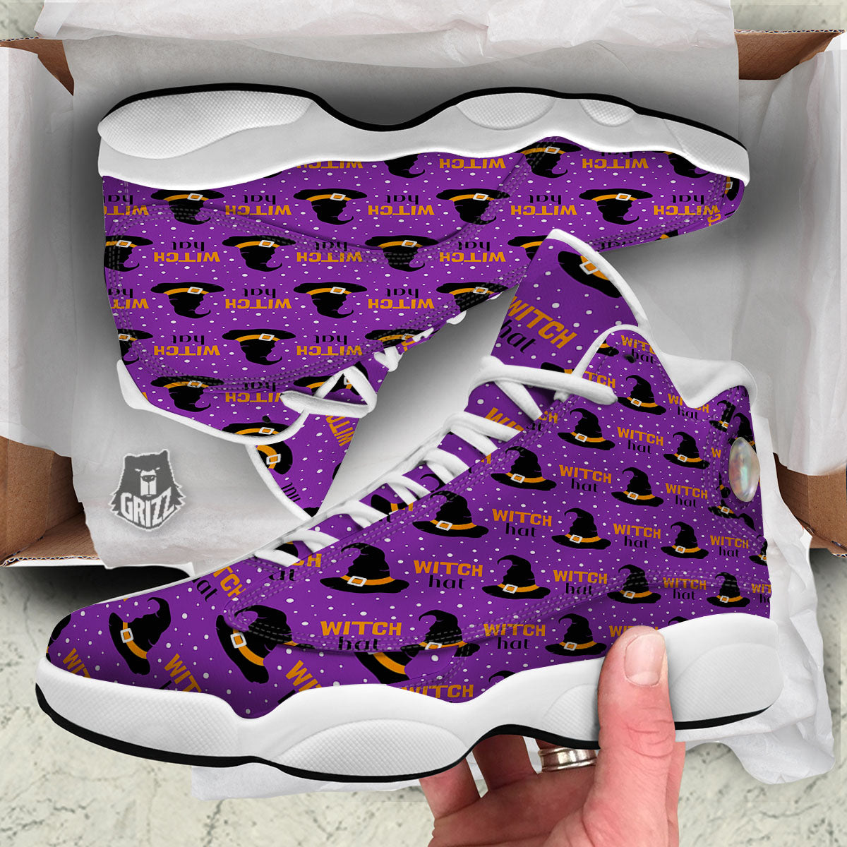 Witch Hat Purple Halloween Print Pattern White Basketball Shoes-grizzshop