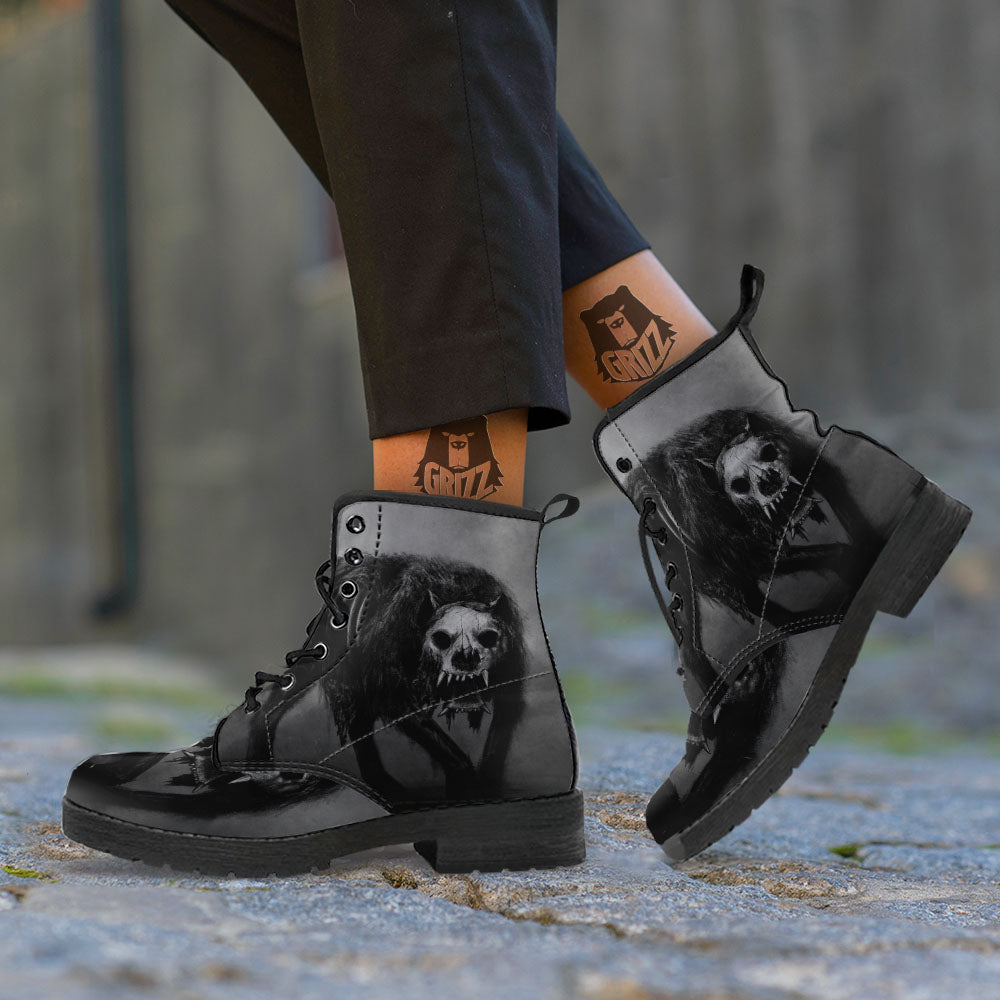 Wolf Black Demon Print Leather Boots-grizzshop