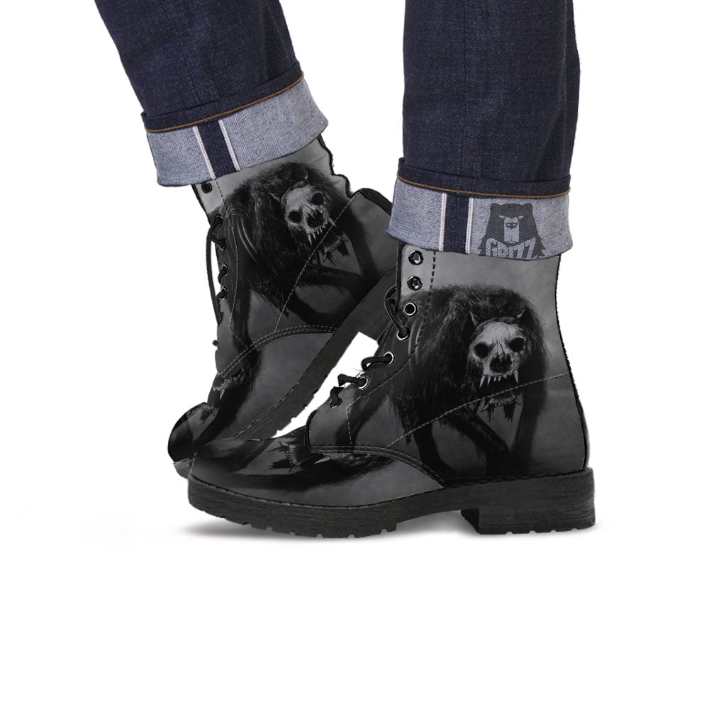 Wolf Black Demon Print Leather Boots-grizzshop