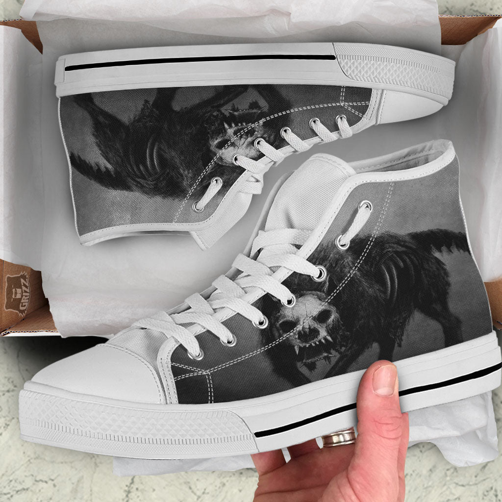Wolf Black Demon Print White High Top Shoes-grizzshop