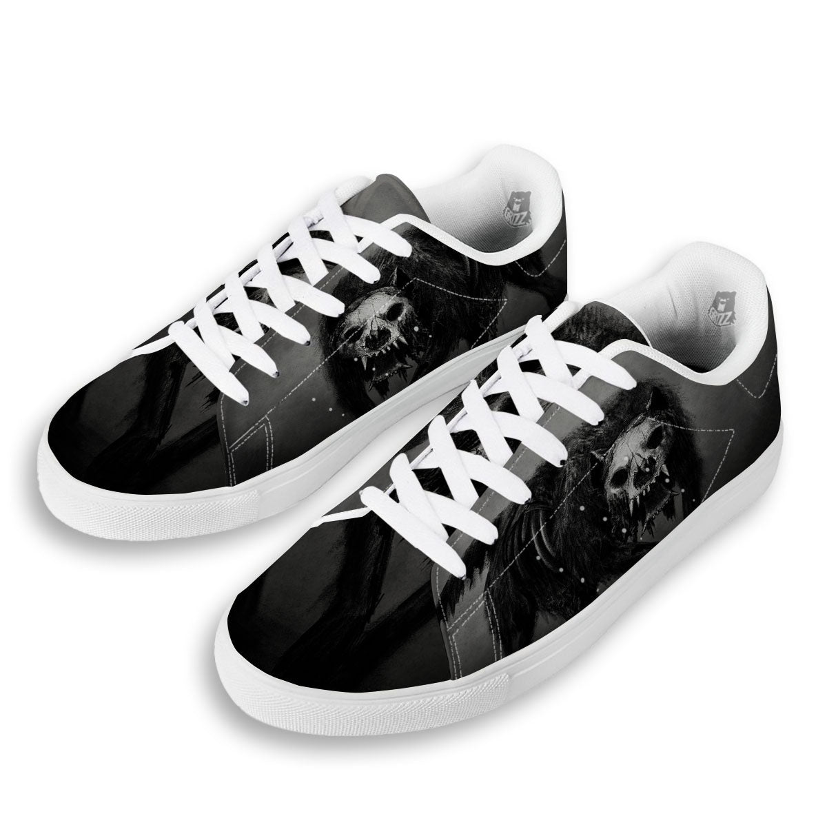 Wolf Black Demon Print White Low Top Sneakers-grizzshop
