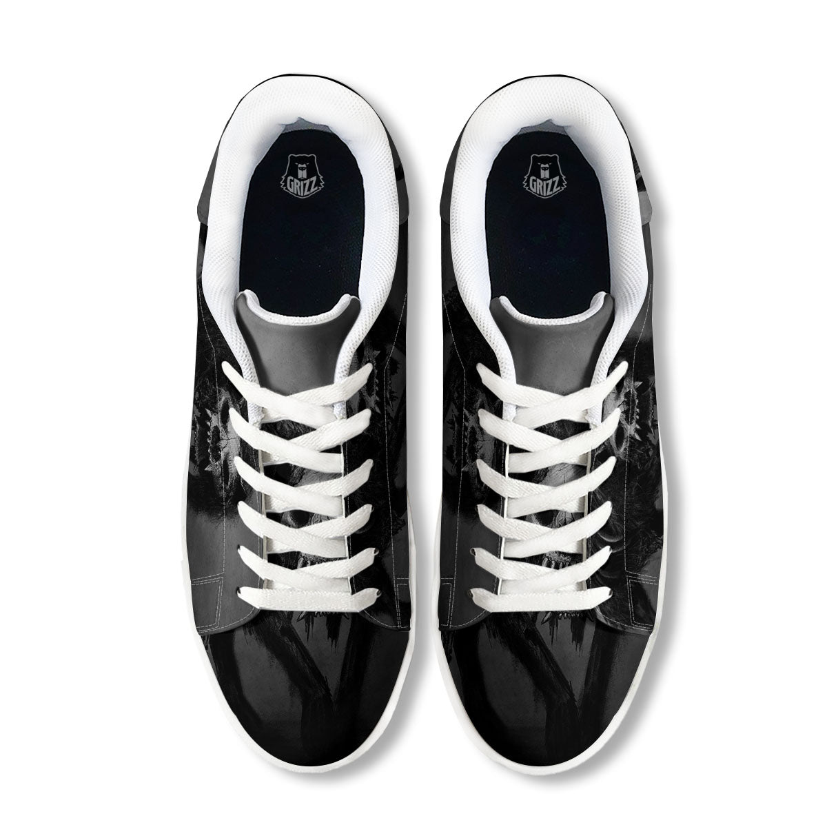 Wolf Black Demon Print White Low Top Sneakers-grizzshop