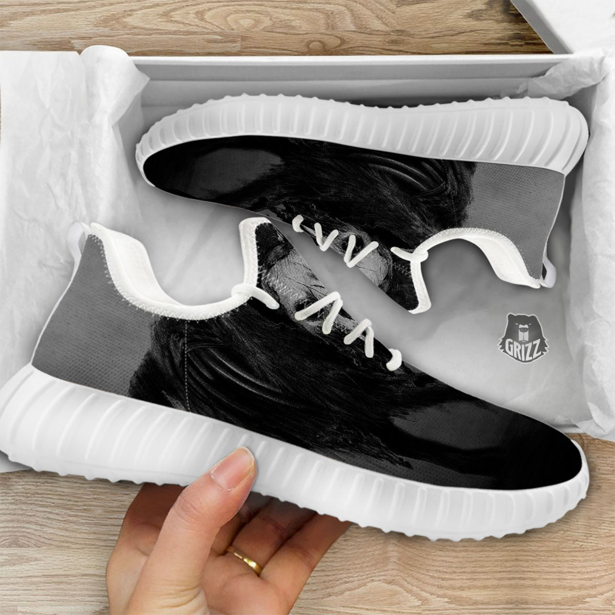 Wolf Black Demon Print White Walking Shoes-grizzshop