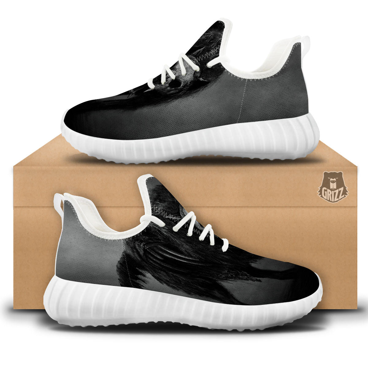 Wolf Black Demon Print White Walking Shoes-grizzshop