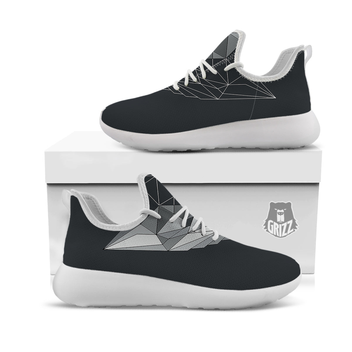 Wolf Geometric Dark Print White Athletic Shoes-grizzshop