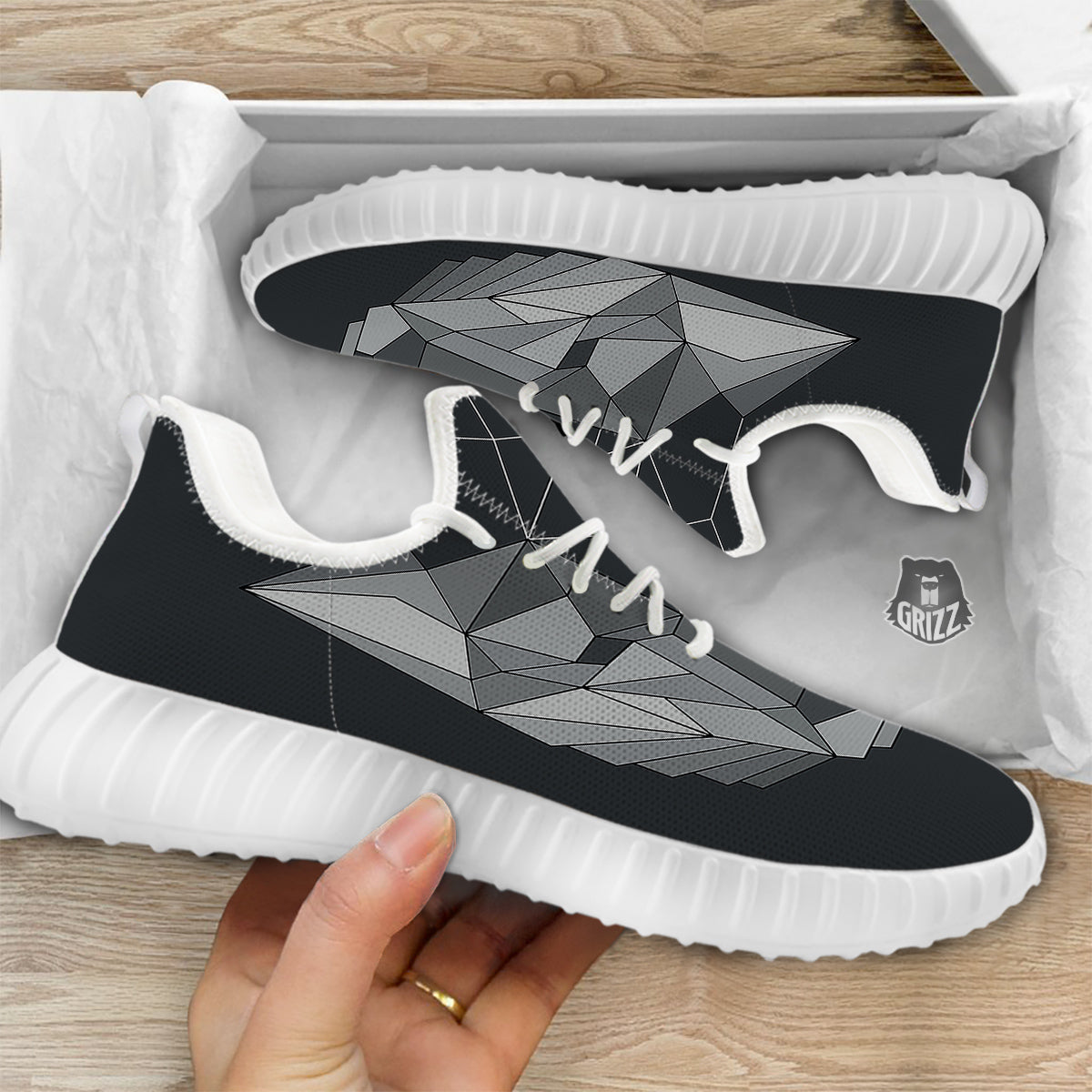 Wolf Geometric Dark Print White Walking Shoes-grizzshop