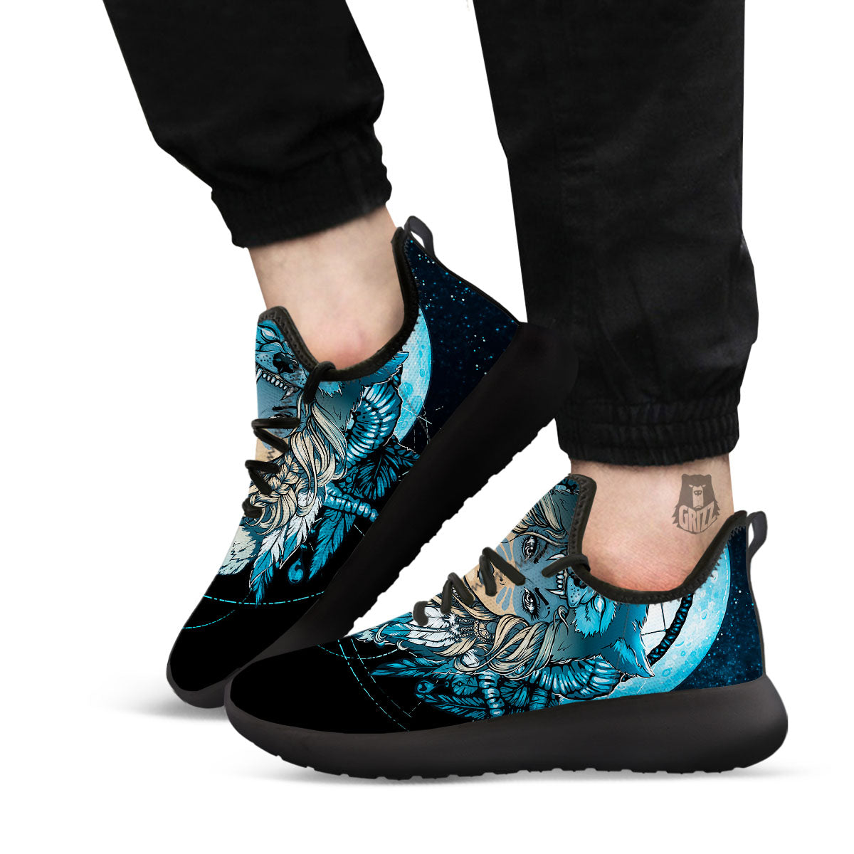 Wolf Girl Native American Print Black Athletic Shoes-grizzshop