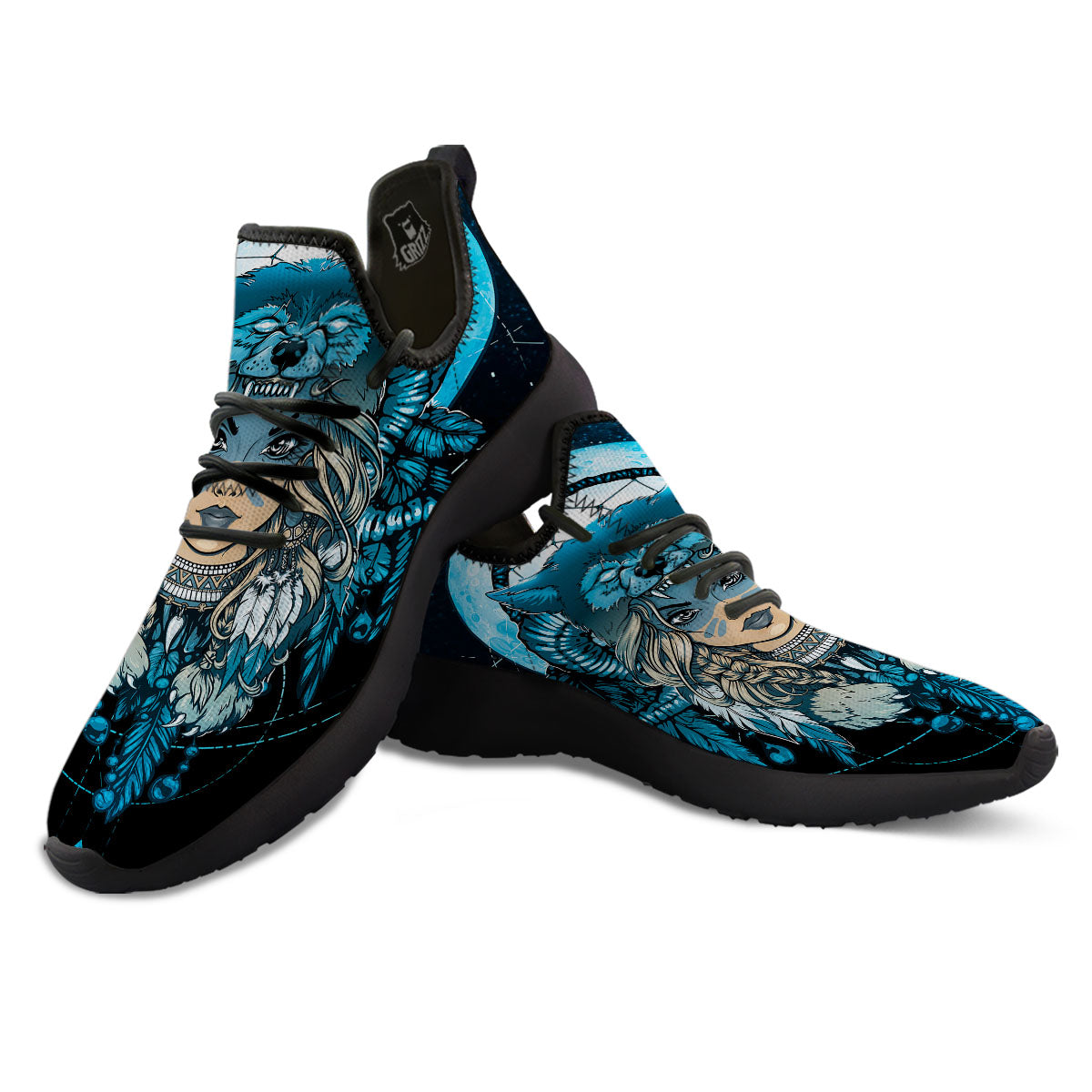 Wolf Girl Native American Print Black Athletic Shoes-grizzshop