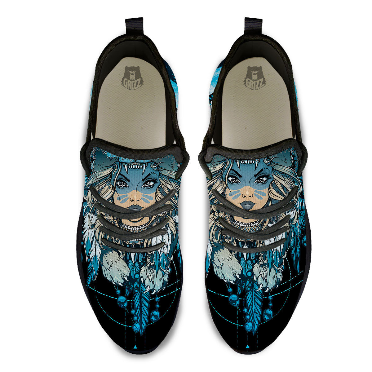 Wolf Girl Native American Print Black Athletic Shoes-grizzshop