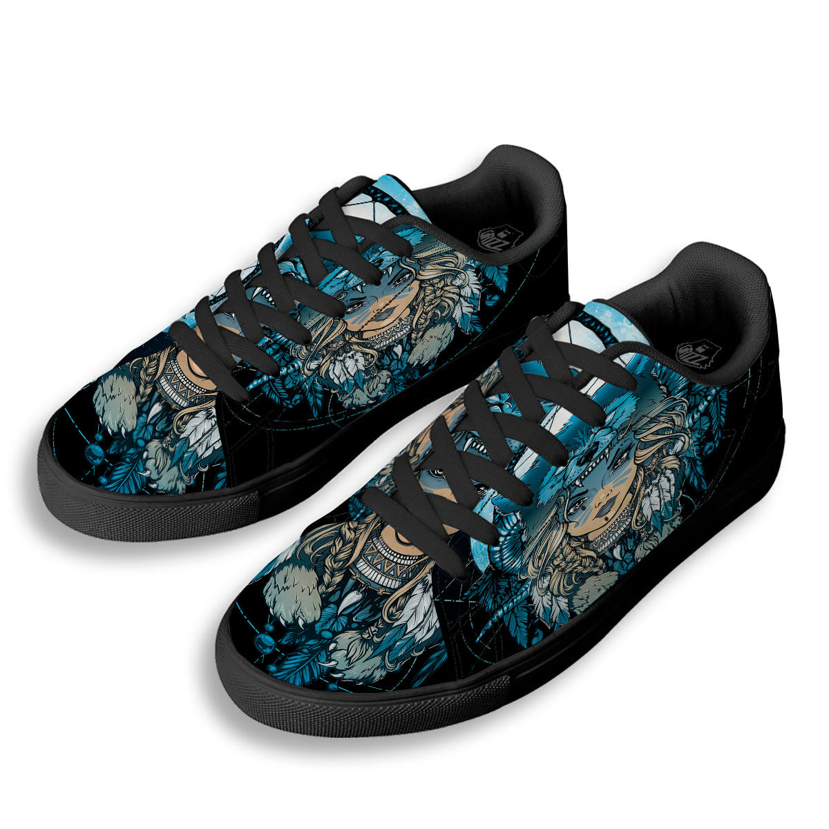 Wolf Girl Native American Print Black Low Top Sneakers-grizzshop