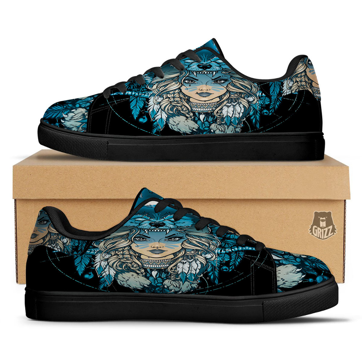 Wolf Girl Native American Print Black Low Top Sneakers-grizzshop