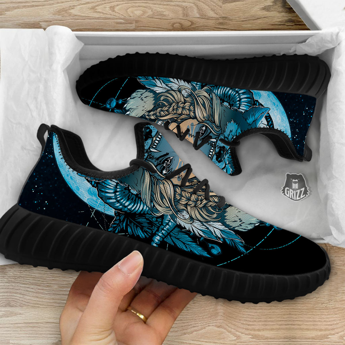 Wolf Girl Native American Print Black Walking Shoes-grizzshop
