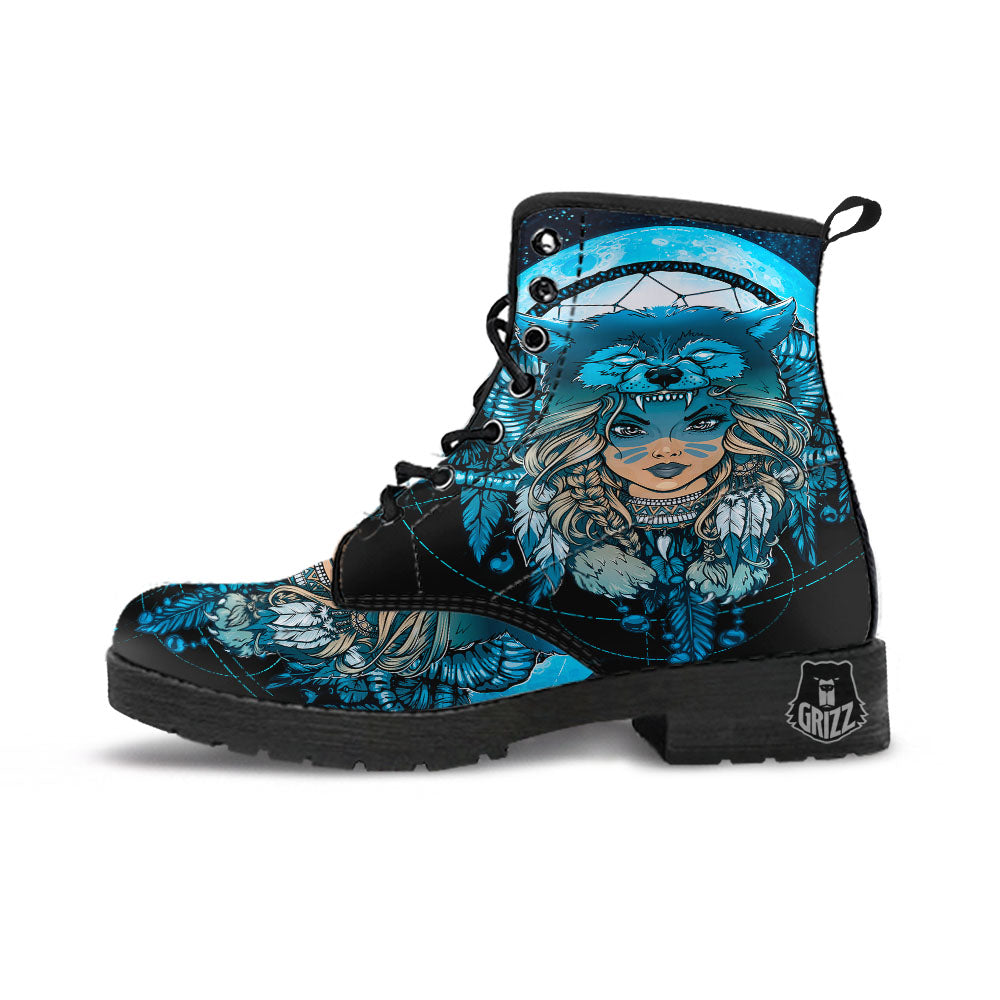 Wolf Girl Native American Print Leather Boots-grizzshop