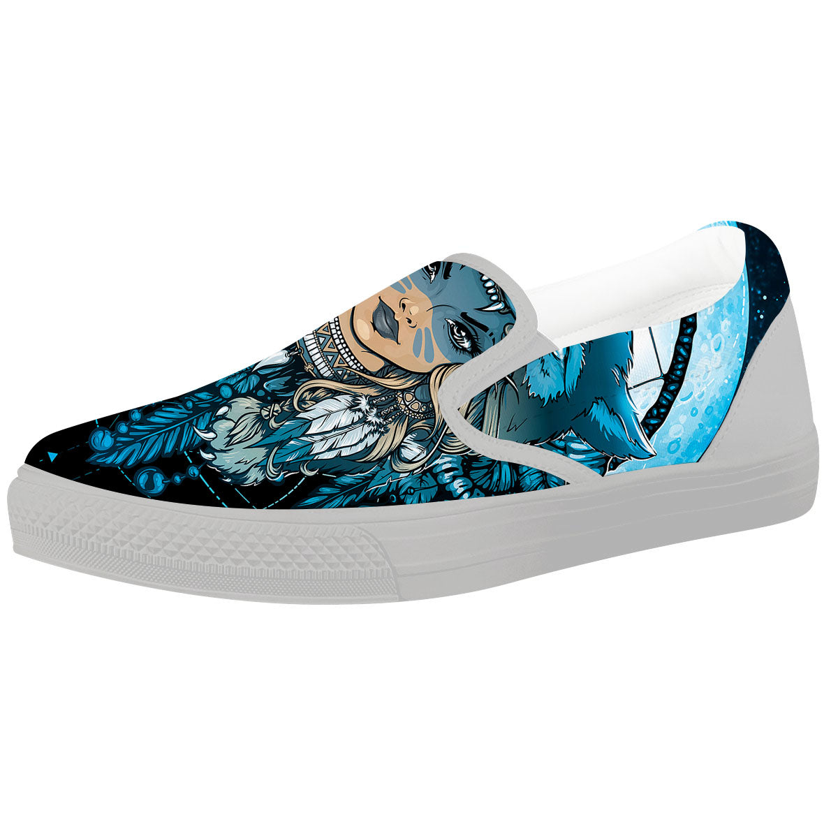 Wolf Girl Native American Print White Slip On Shoes-grizzshop