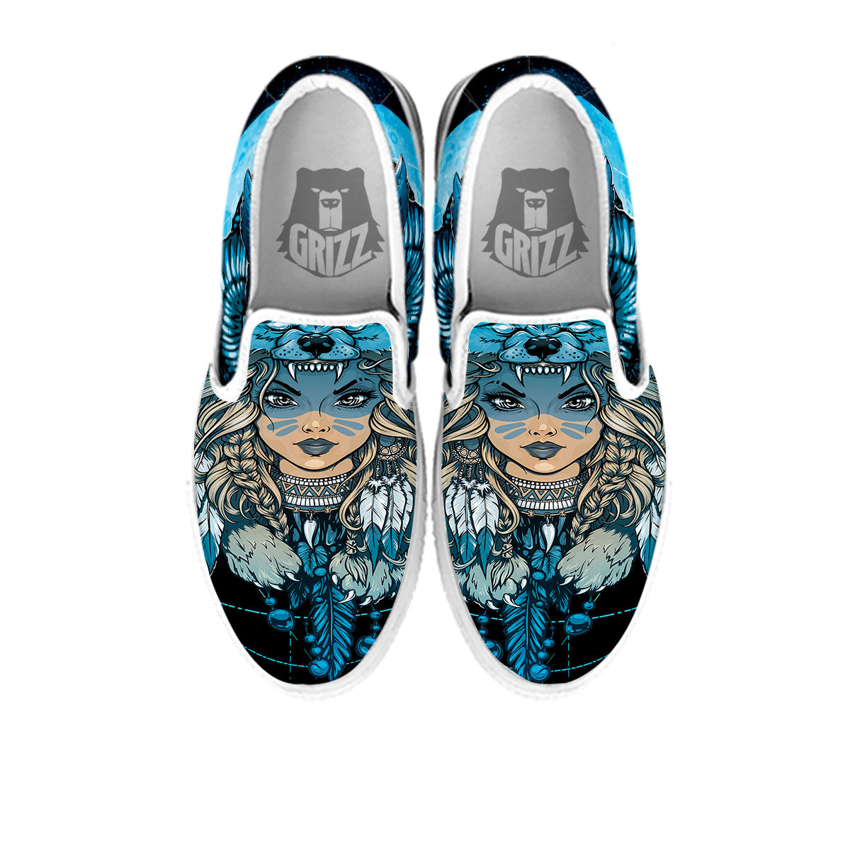 Wolf Girl Native American Print White Slip On Shoes-grizzshop
