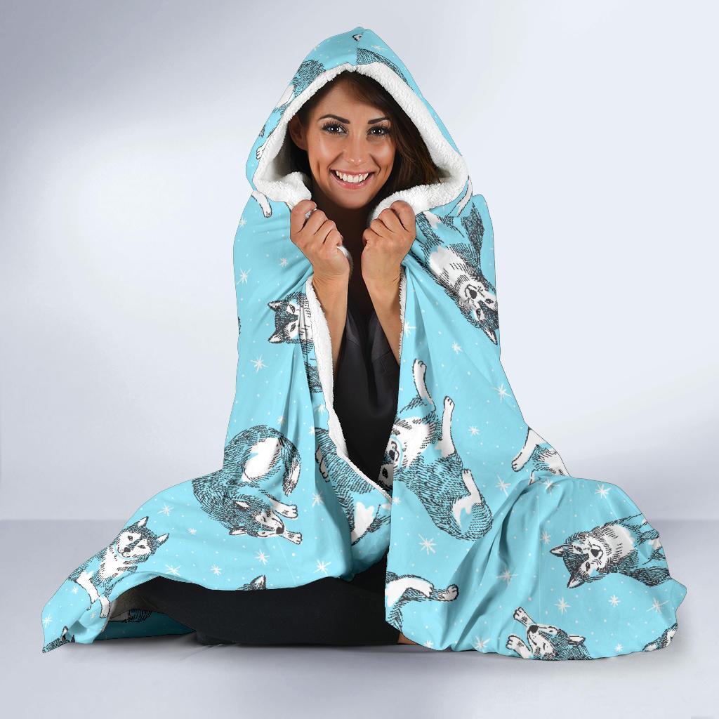 Wolf Hand Drawn Pattern Print Hooded Blanket-grizzshop