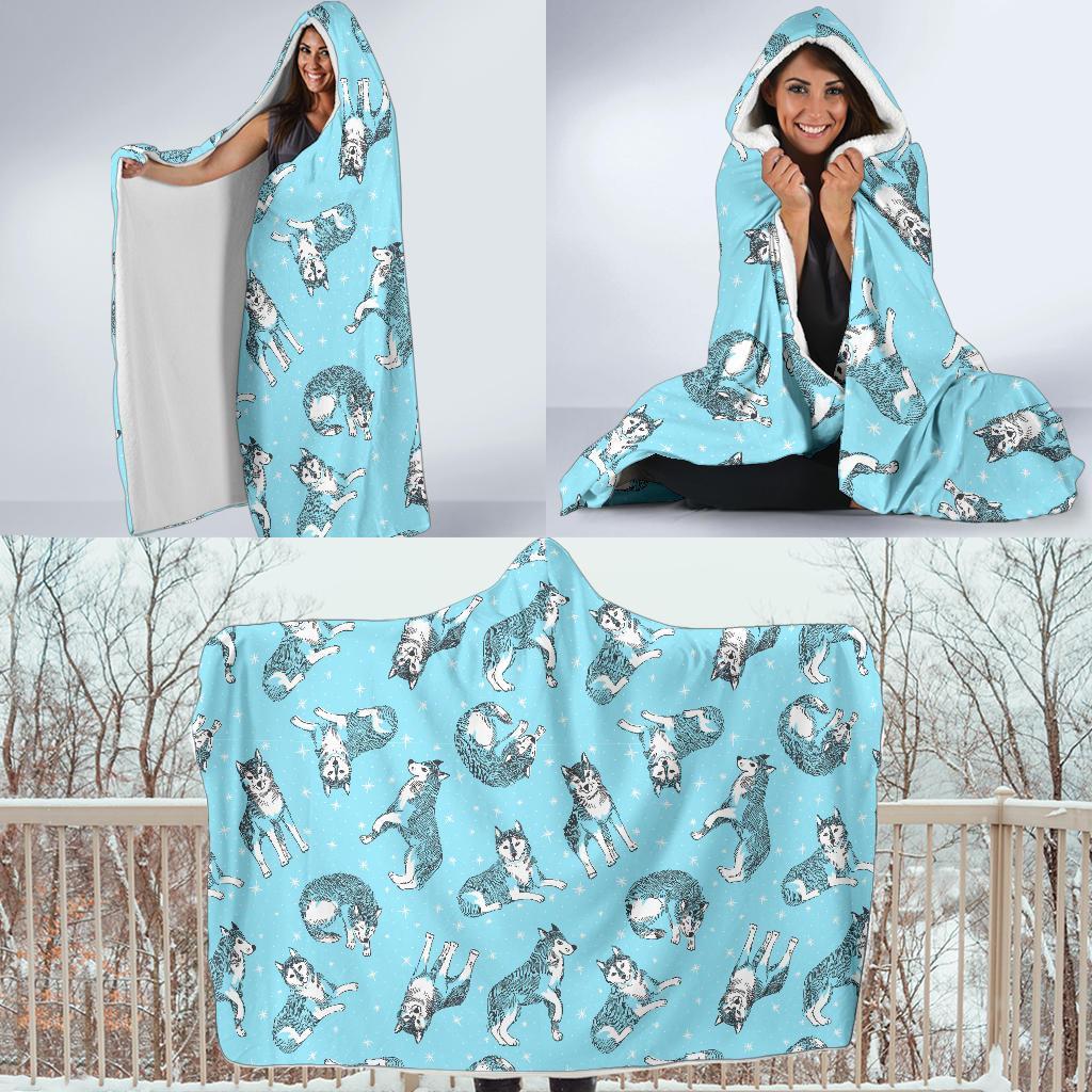 Wolf Hand Drawn Pattern Print Hooded Blanket-grizzshop