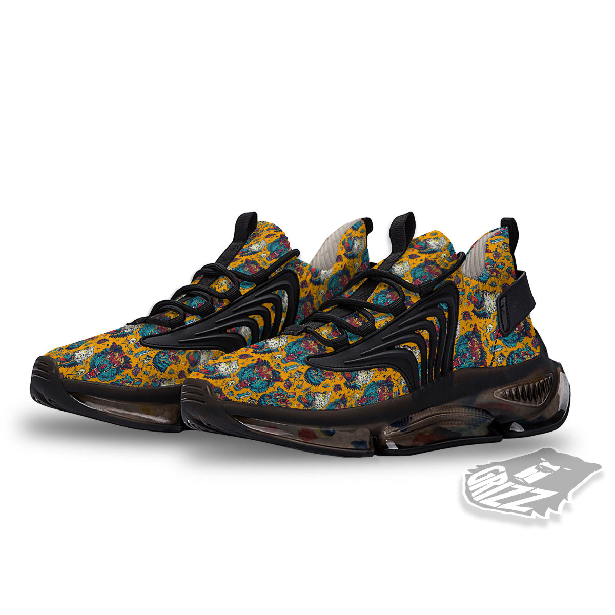 Wolf Head Yellow Tattoo Print Pattern Black Gym Shoes-grizzshop