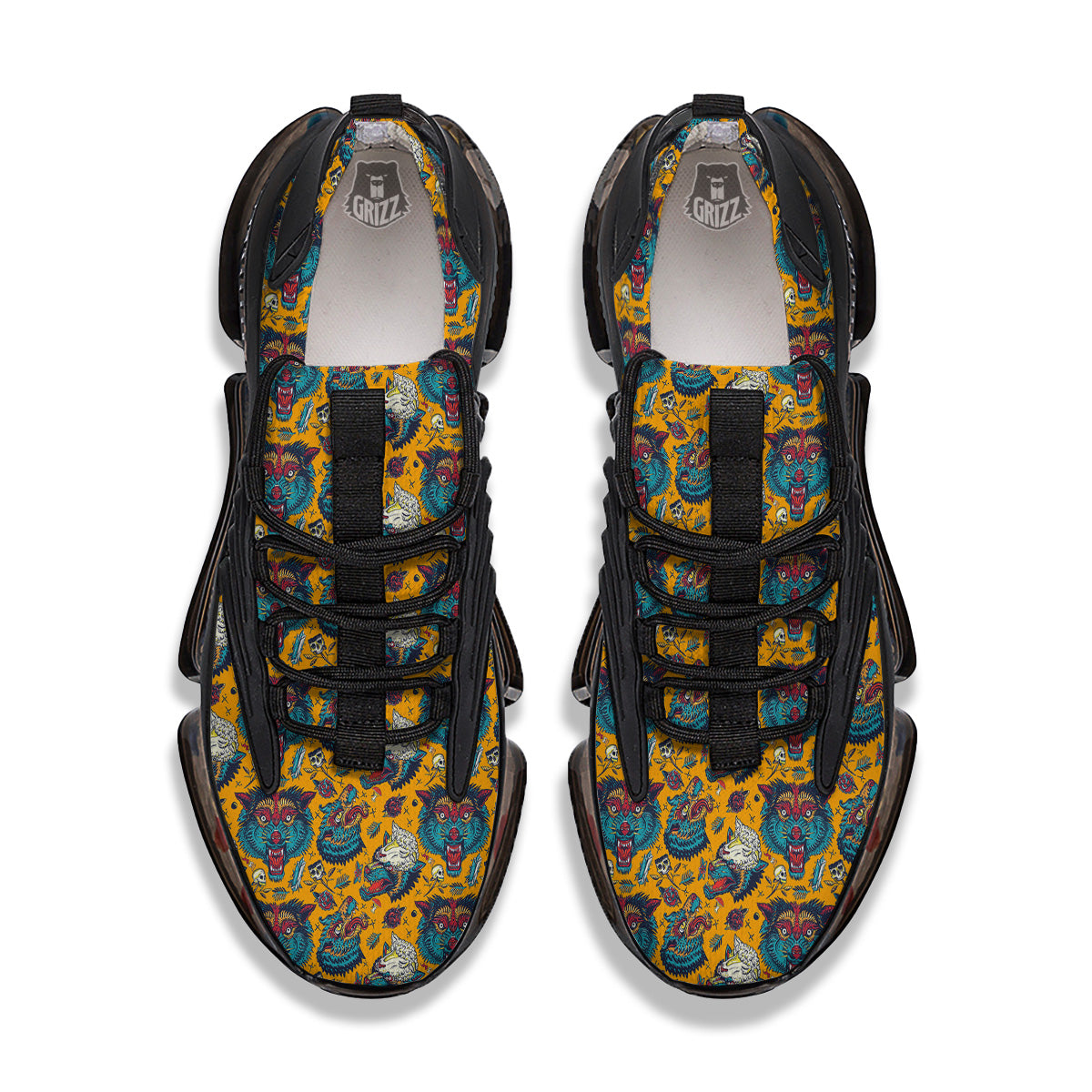 Wolf Head Yellow Tattoo Print Pattern Black Gym Shoes-grizzshop