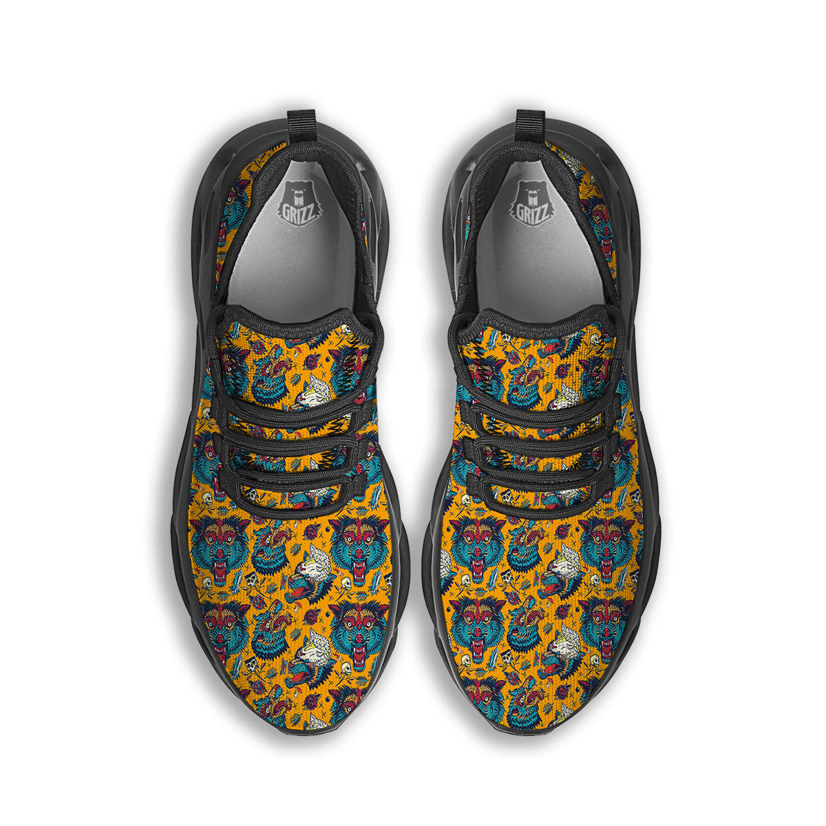 Wolf Head Yellow Tattoo Print Pattern Black Running Shoes-grizzshop