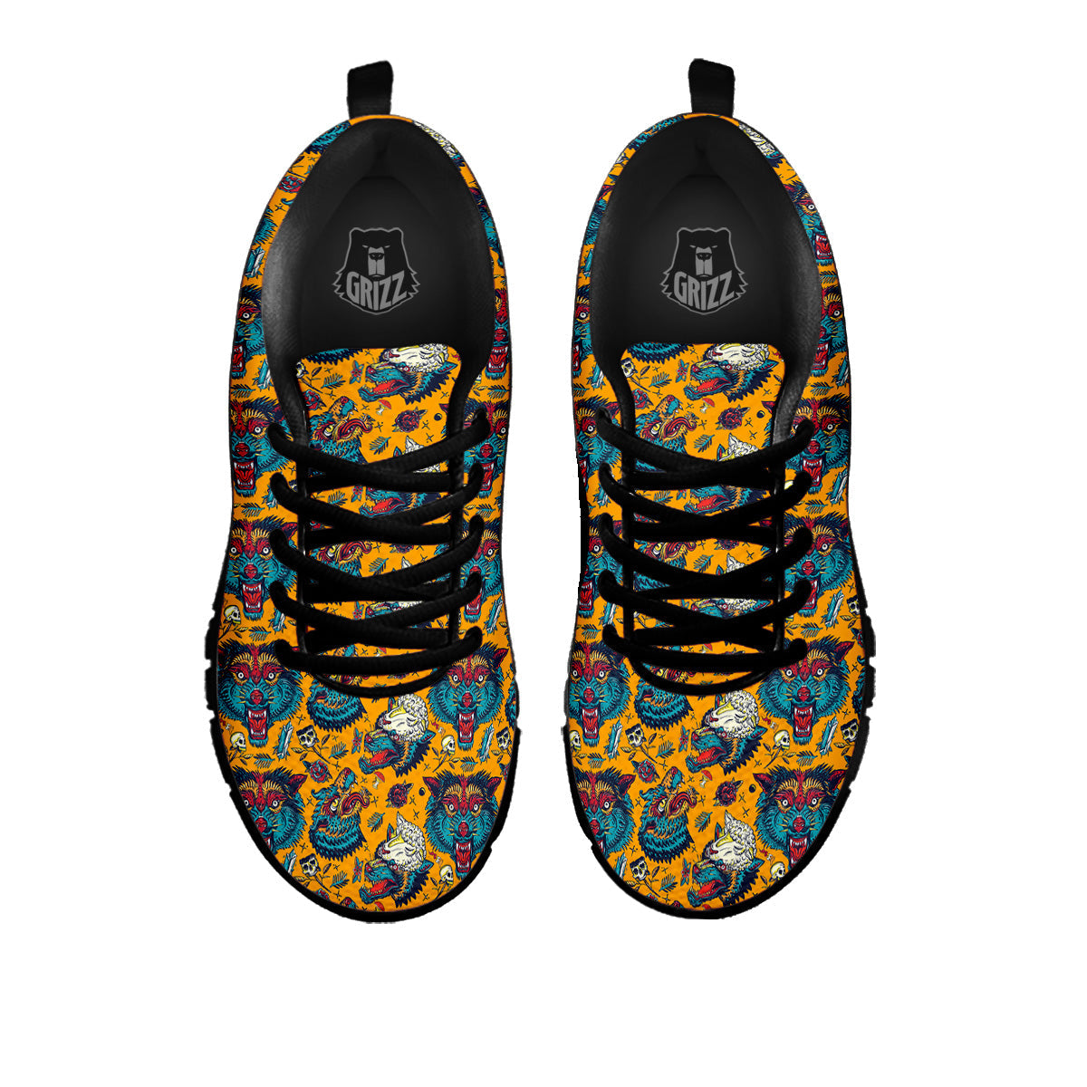 Wolf Head Yellow Tattoo Print Pattern Black Sneaker-grizzshop