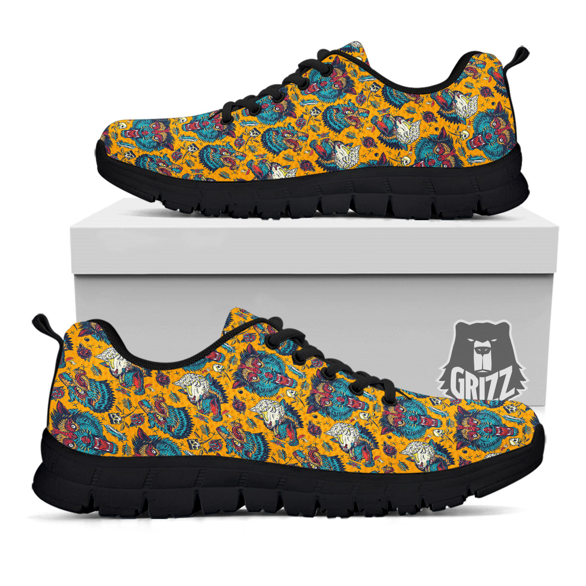 Wolf Head Yellow Tattoo Print Pattern Black Sneaker-grizzshop