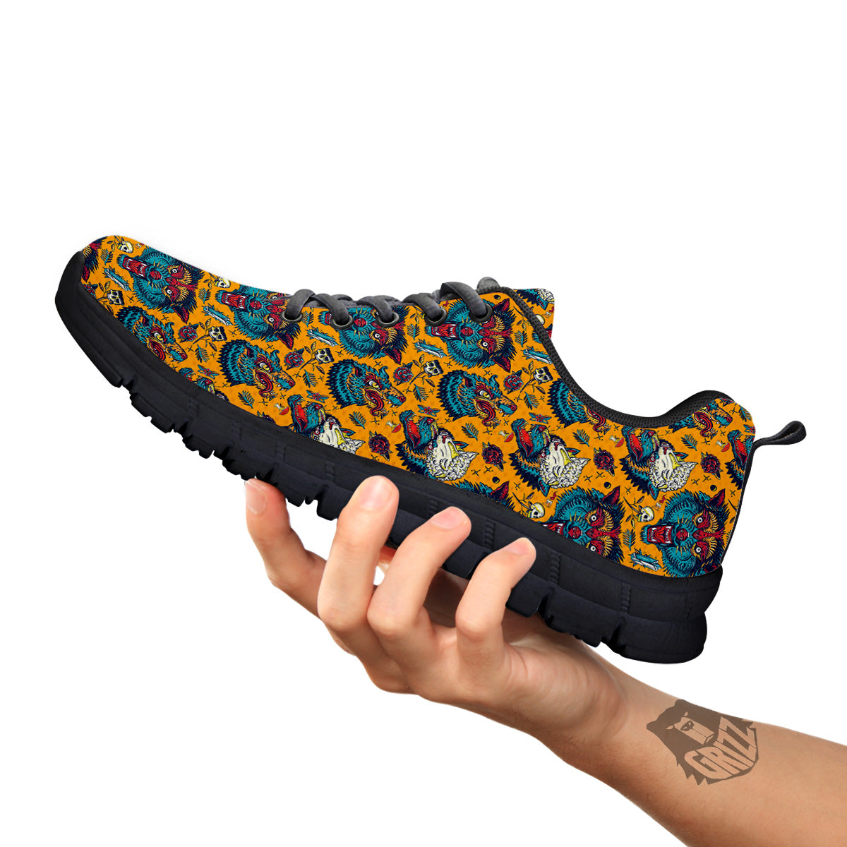 Wolf Head Yellow Tattoo Print Pattern Black Sneaker-grizzshop