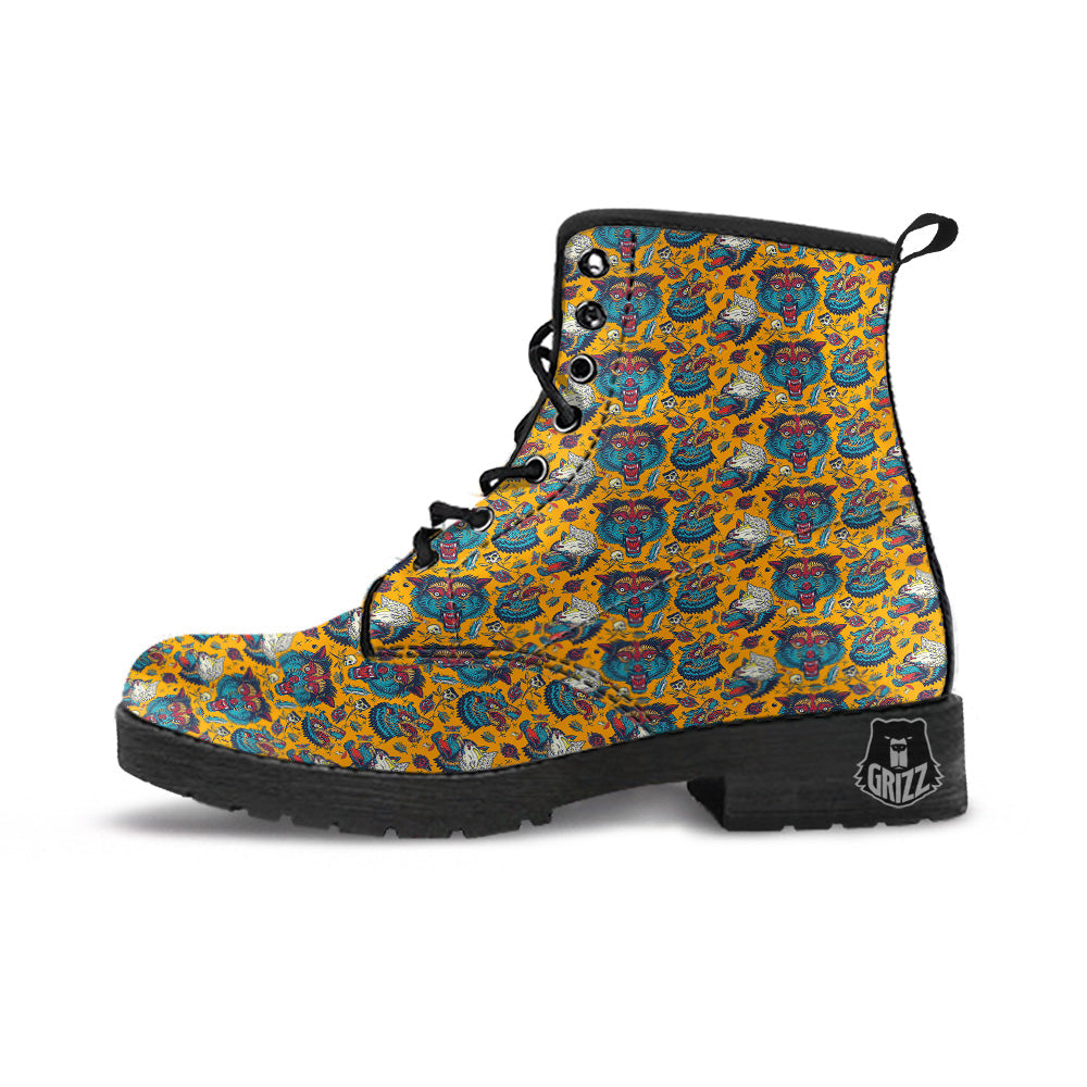 Wolf Head Yellow Tattoo Print Pattern Leather Boots-grizzshop