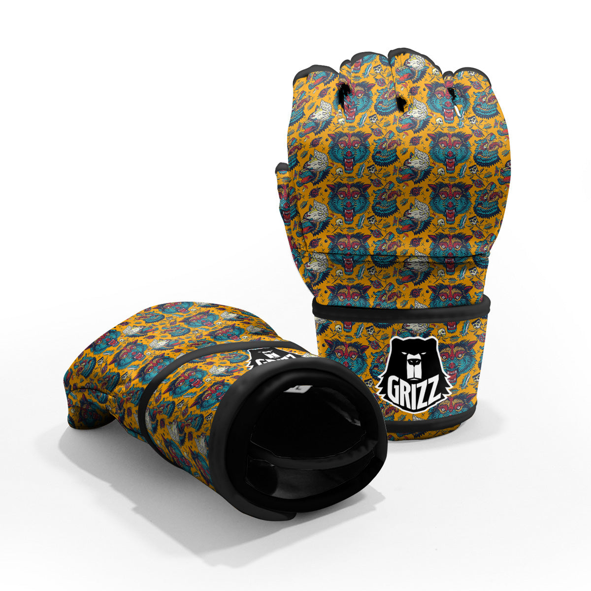 Wolf Head Yellow Tattoo Print Pattern MMA Gloves-grizzshop